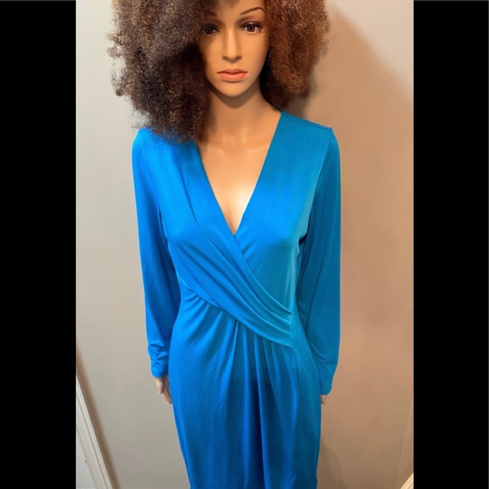 Tahari V-Neck Long Sleeve Dress Blue Women's Size Medium